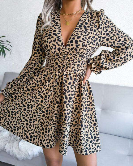 Leopard Print Pleated Midi Dress - Timeless Elegance