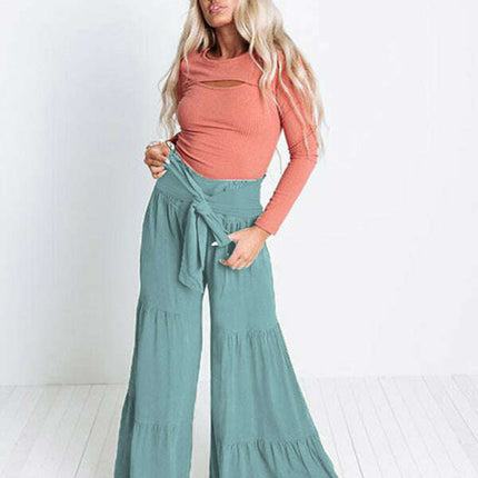 Lace Up Elastic Waist Pleated Wide Leg Pants