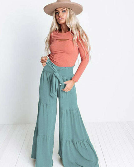Lace Up Elastic Waist Pleated Wide Leg Pants