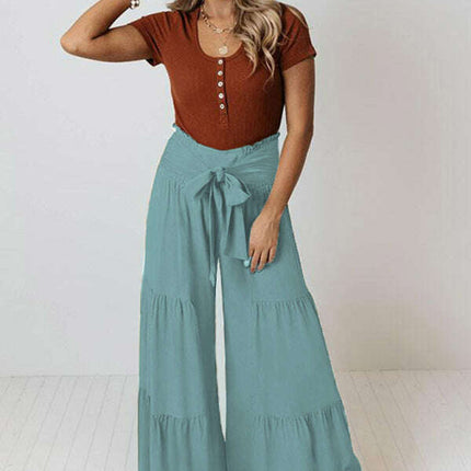 Lace Up Elastic Waist Pleated Wide Leg Pants