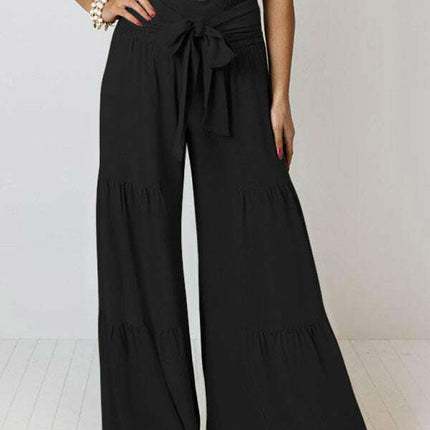 Lace Up Elastic Waist Pleated Wide Leg Pants