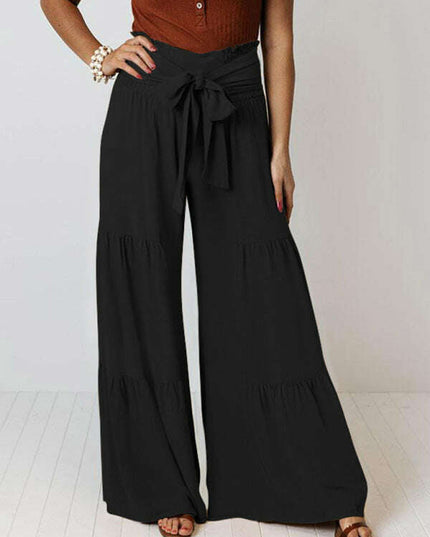 Lace Up Elastic Waist Pleated Wide Leg Pants