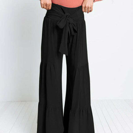 Lace Up Elastic Waist Pleated Wide Leg Pants
