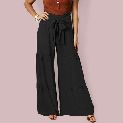 Lace Up Elastic Waist Pleated Wide Leg Pants