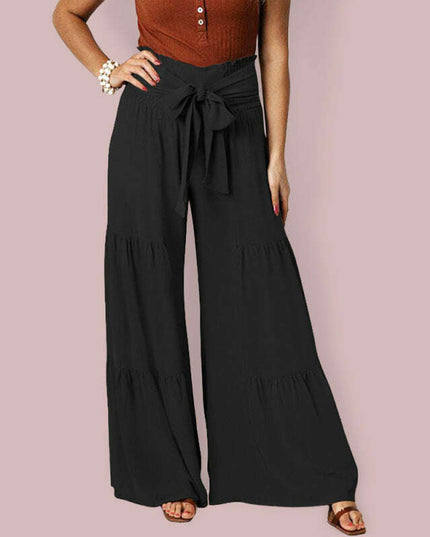 Lace Up Elastic Waist Pleated Wide Leg Pants