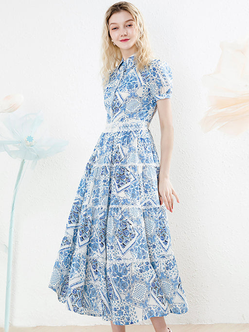 New blue chiffon floral dress vintage light mature style waist-skimming maxi dress