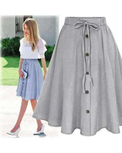 Women's Elastic Waist Button-Up Striped Skirt
