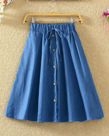 Elastic Waist Button-Down A-Line Denim Skirt