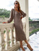 Leopard Print V-Neck Pleated Split Dress - Elegant Long-Sleeve Attire for Women