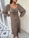 Leopard Print V-Neck Pleated Split Dress - Elegant Long-Sleeve Attire for Women