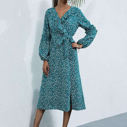 Women's ruffle collar long-sleeved floral dresses