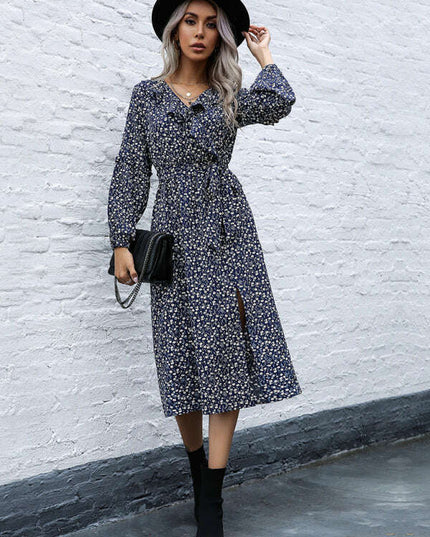 Women's ruffle collar long-sleeved floral dresses