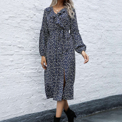 Women's ruffle collar long-sleeved floral dresses