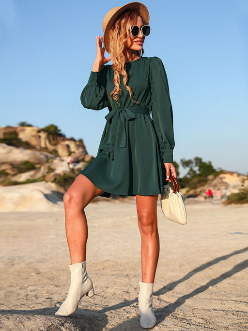 Green Lace-Up Mini Dress with Long Sleeves for Women