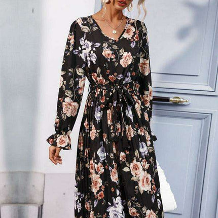 Elegant Printed Dress with Pleated Skirt - Chic Style for All Events