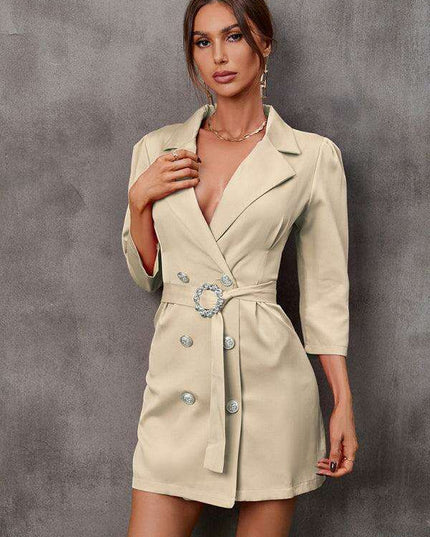 Elegant Tailored Blazer Dress with Adjustable Belt - Fashionable Button-Up Suit Dress