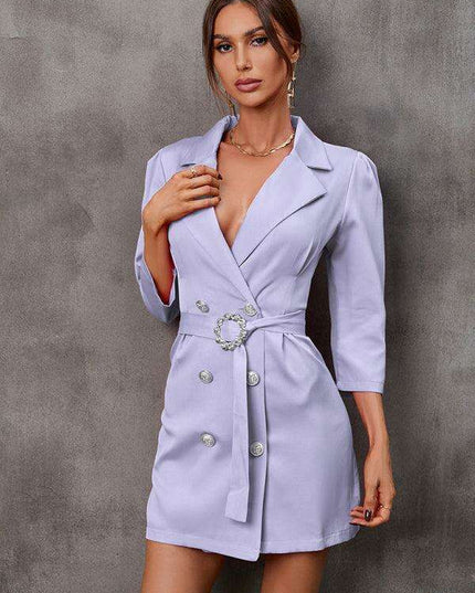 Elegant Tailored Blazer Dress with Adjustable Belt - Fashionable Button-Up Suit Dress