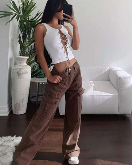 Women's Fashion Pocket Panel Casual Loose Mid Waist Cargo Pants