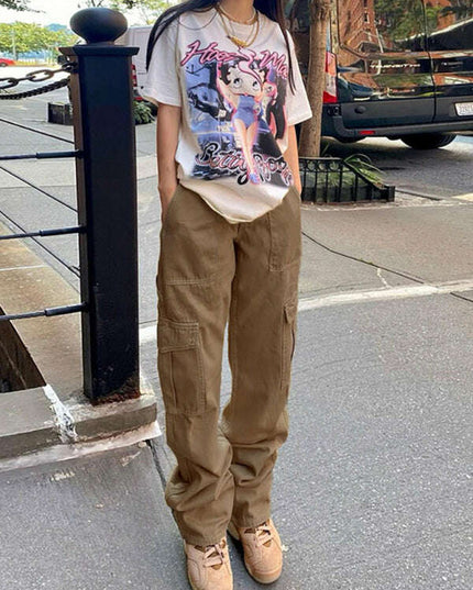 Women's Fashion Multi Pocket Straight High Waist Thin Loose Cargo Pants