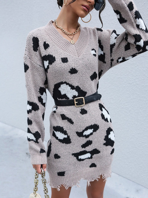 Women's knitted long-sleeved leopard print sweater dress (without belt)