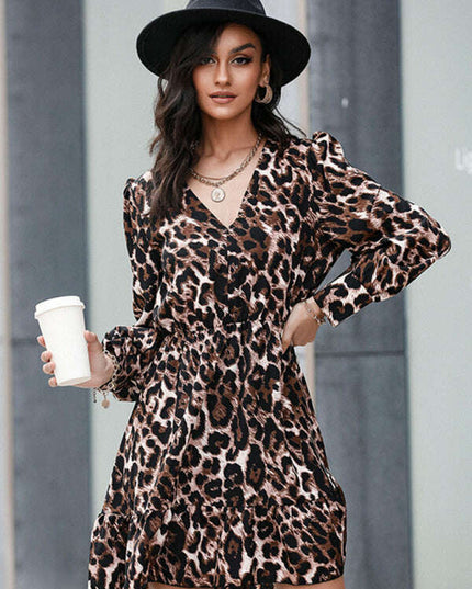 Leopard Print V-Neck Belted Mini Dress