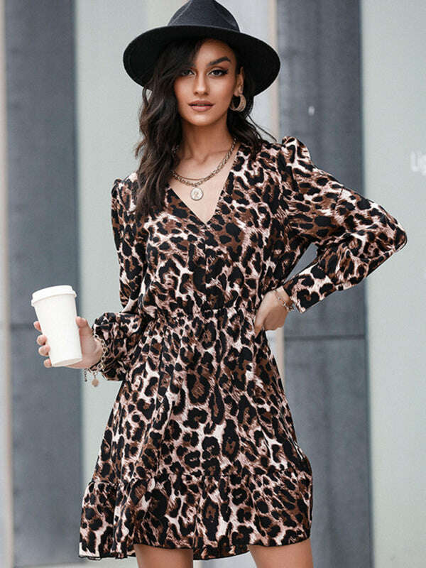 Leopard Print V-Neck Belted Mini Dress