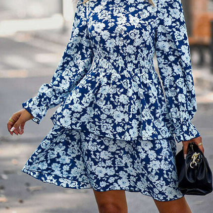 Floral Print Long Sleeve Ruffle Vacation Dress