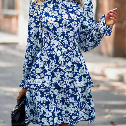 Floral Print Long Sleeve Ruffle Vacation Dress