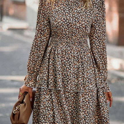 Floral Print Long Sleeve Ruffle Vacation Dress