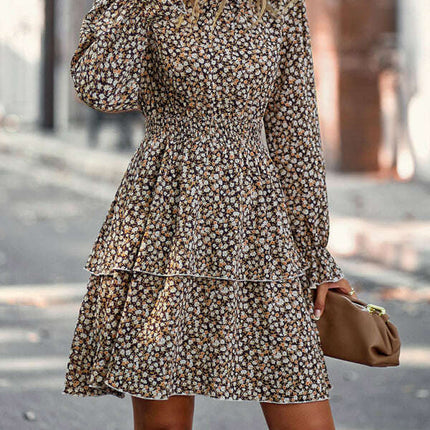 Floral Print Long Sleeve Ruffle Vacation Dress