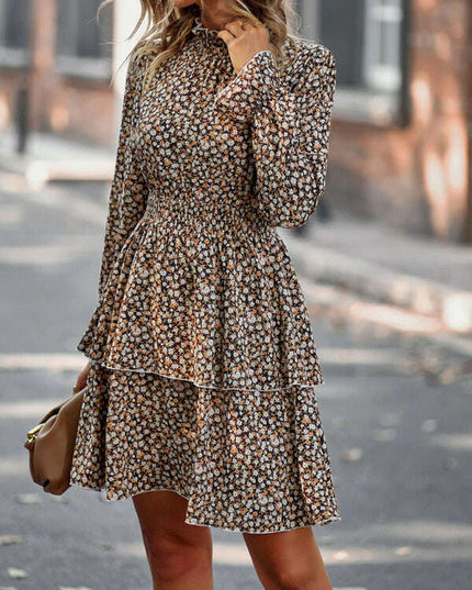 Floral Print Long Sleeve Ruffle Vacation Dress