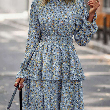 Floral Print Long Sleeve Ruffle Vacation Dress
