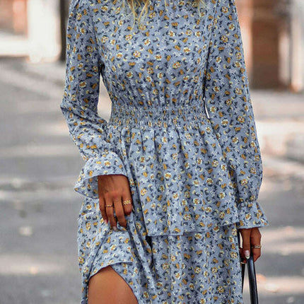 Floral Print Long Sleeve Ruffle Vacation Dress