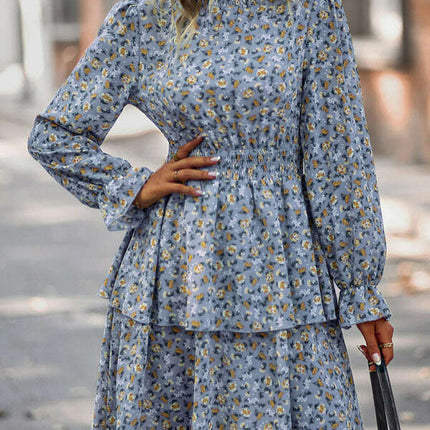 Floral Print Long Sleeve Ruffle Vacation Dress