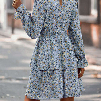 Floral Print Long Sleeve Ruffle Vacation Dress