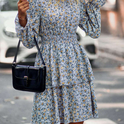 Floral Print Long Sleeve Ruffle Vacation Dress