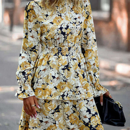 Floral Print Long Sleeve Ruffle Vacation Dress