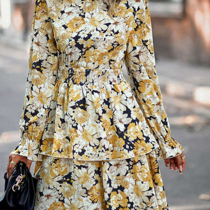 Floral Print Long Sleeve Ruffle Vacation Dress