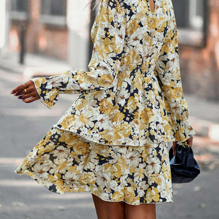 Floral Print Long Sleeve Ruffle Vacation Dress