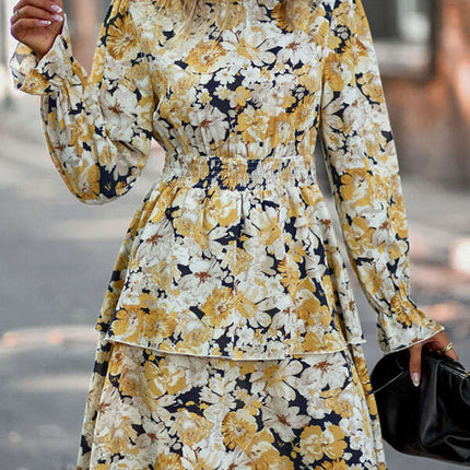 Floral Print Long Sleeve Ruffle Vacation Dress