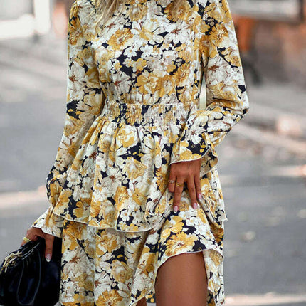Floral Print Long Sleeve Ruffle Vacation Dress