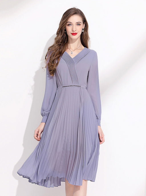 Elegant Women's Pleated V-Neck Midi Dress with Long Sleeves