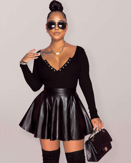 Sexy solid color PU leather swing women's half mini skirt