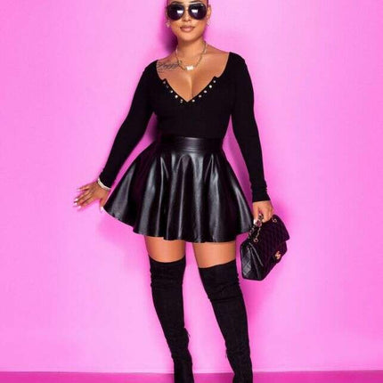 Sexy solid color PU leather swing women's half mini skirt