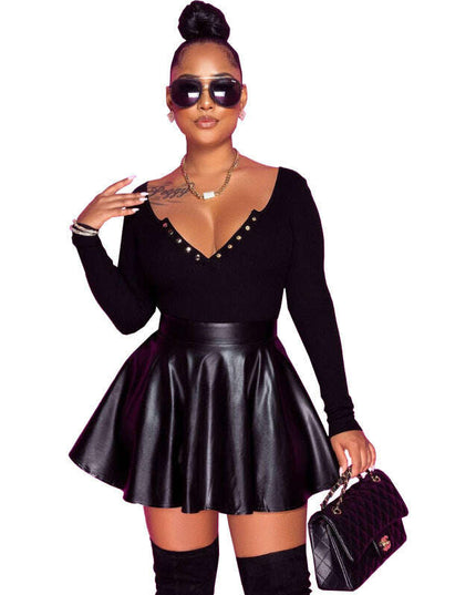 Sexy solid color PU leather swing women's half mini skirt