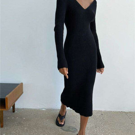 Elegant V-Neck Long Sleeve Knit Dress for Contemporary Women