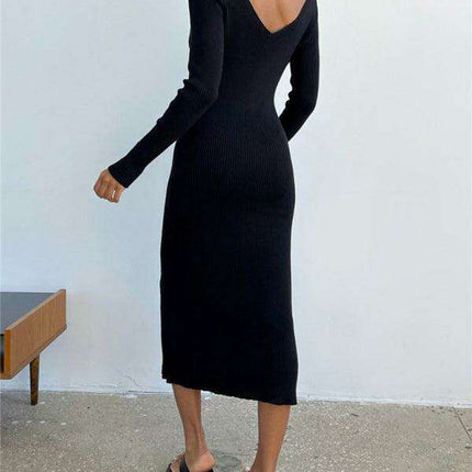 Elegant V-Neck Long Sleeve Knit Dress for Contemporary Women