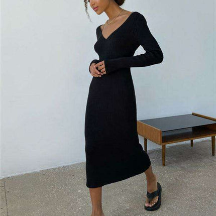 Elegant V-Neck Long Sleeve Knit Dress for Contemporary Women