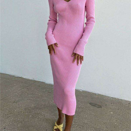 Elegant V-Neck Long Sleeve Knit Dress for Contemporary Women