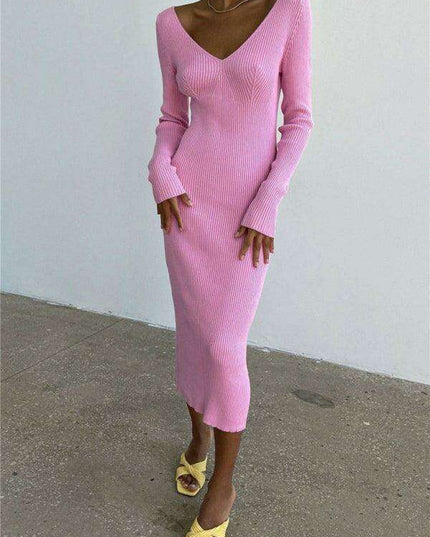 Elegant V-Neck Long Sleeve Knit Dress for Contemporary Women